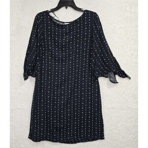H&M Women's Sz 6 Boat Neck Long Sleeve Tie Sleeves Printed Rayon Dress Navy Blue